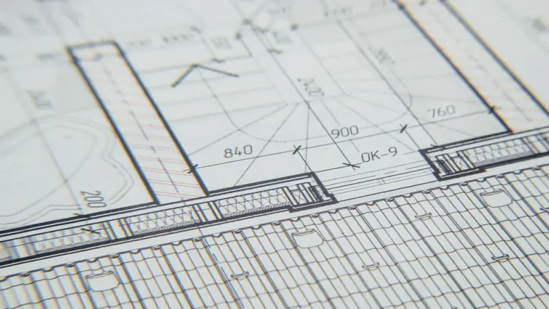 Gros plan d'un plan d'architecte coté montrant des cloisons et des ouvertures