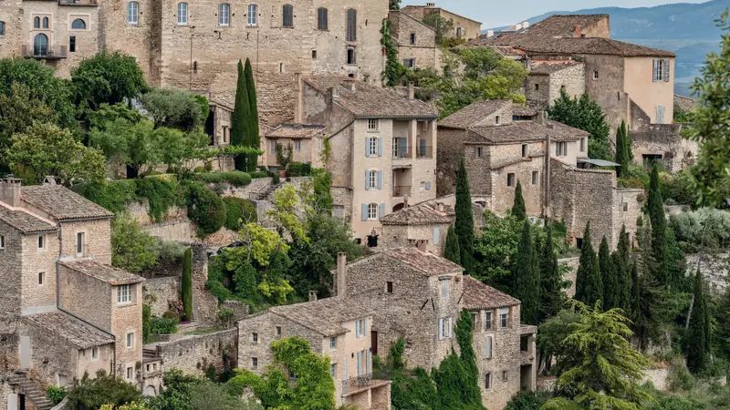 Village provençal aux toits de tuiles entouré de vignes et de collines boisées