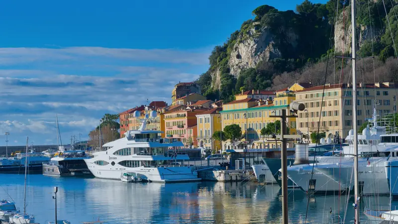 Vue sur la baie et le port de Nice depuis les hauteurs boisées, avec des immeubles à flanc de colline