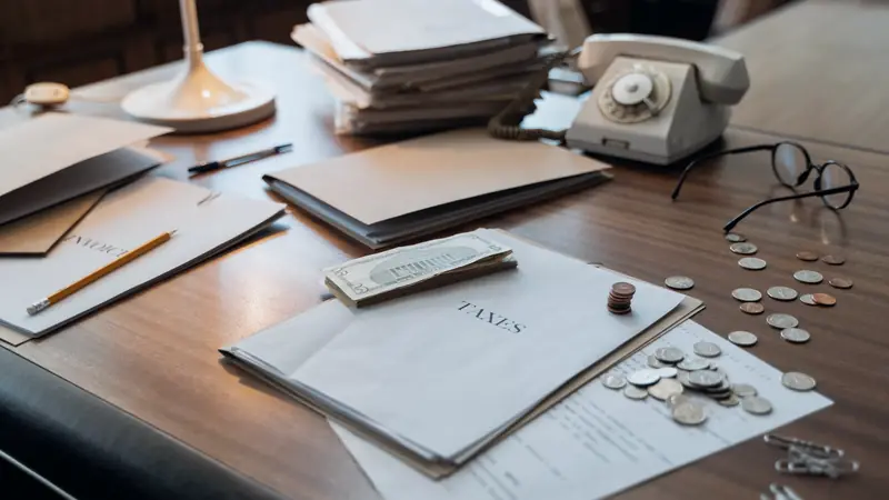 Lettres et factures posées sur une table à côté d'une tasse et d'une paire de lunettes